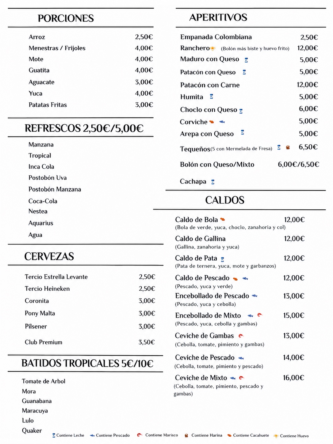 Primera página de la carta: aperitivos, caldos y bebidas