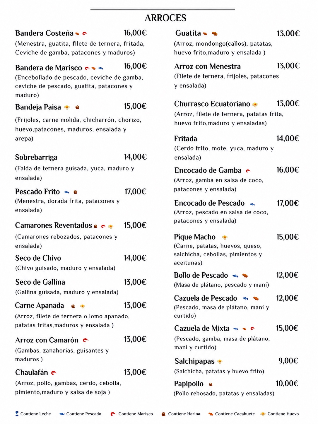 Segunda página de la carta: arroces y platos principales